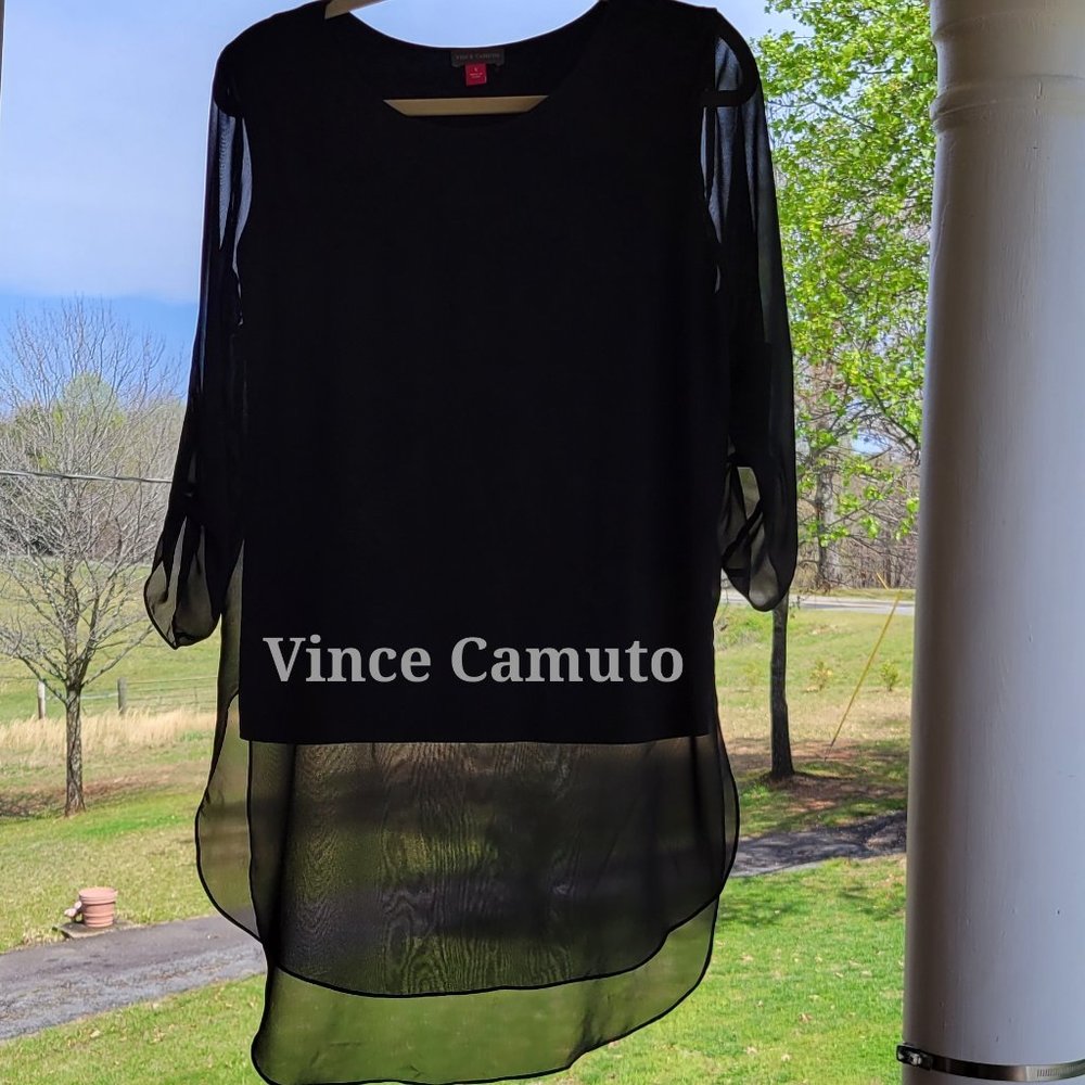 ❣️HP❣️Vince Camuto black layered sheer long flowy dressy 3/4 sleeve blouse Sz:S